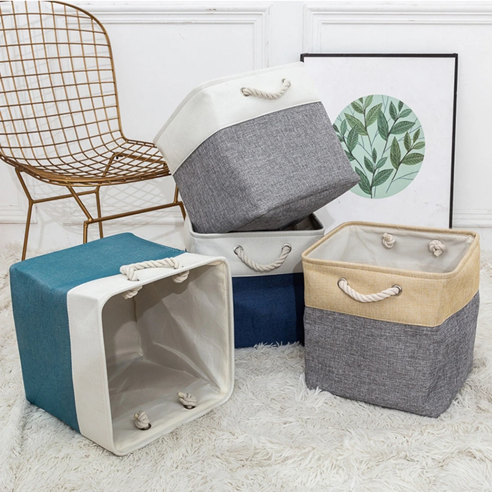 Foldable Cube Storage Bins Storage Baskets with Handles Linen Cotton for Shelf Closet Home Office Toys Book Sundries Organizing