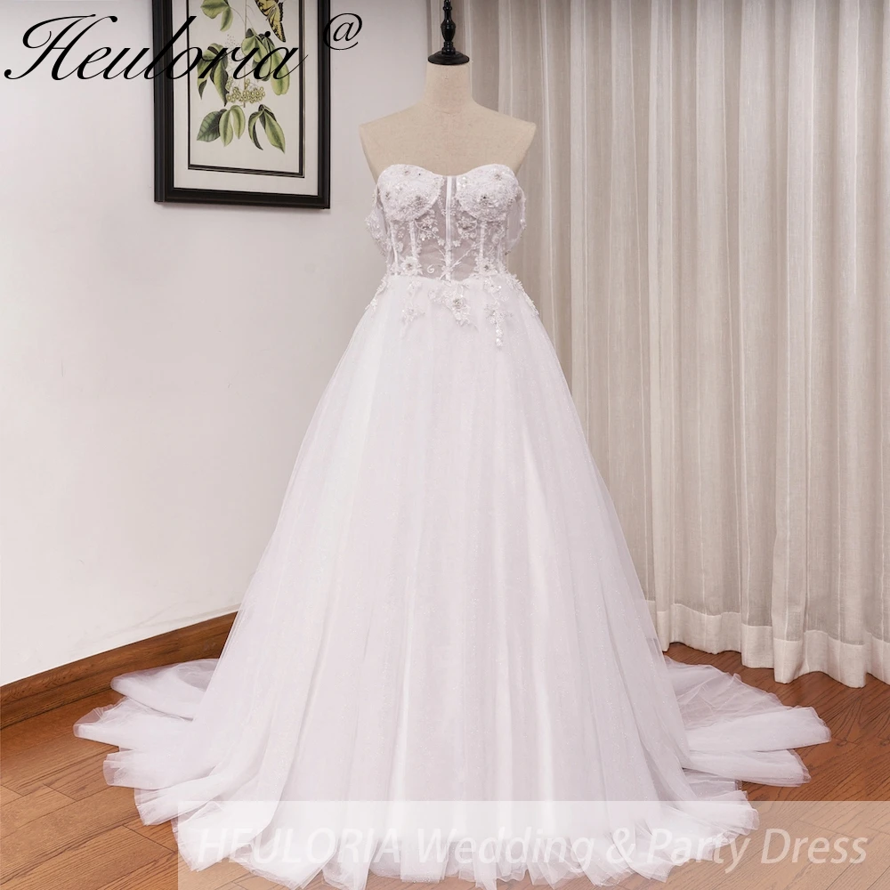 HEULORIA elegant A line wedding dress off shoulder lace beading bride dress with long train bridal gown Robe De Mariee