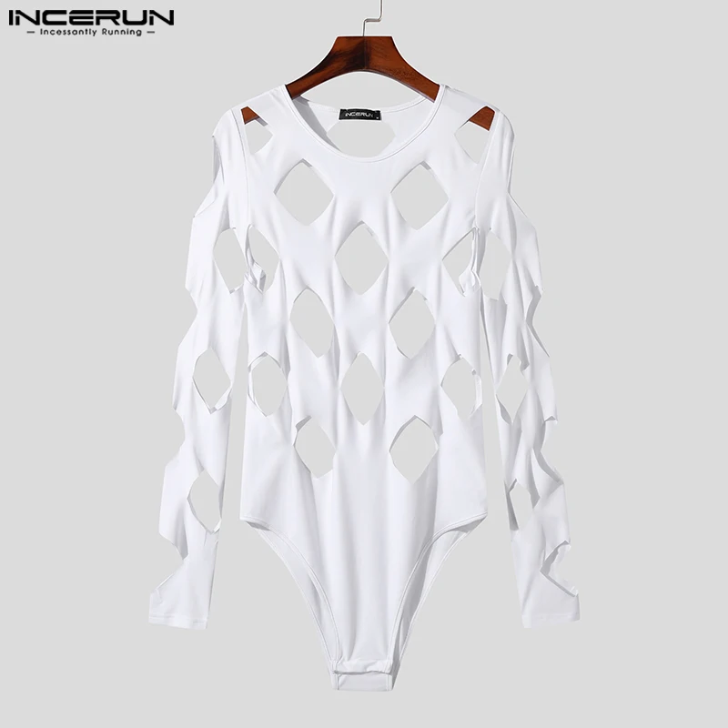 INCERUN Men Bodysuits Solid Color Hollow Out Sexy O-neck Long Sleeve Men T Shirts Rompers Streetwear 2024 Fashion Bodysuit S-3XL