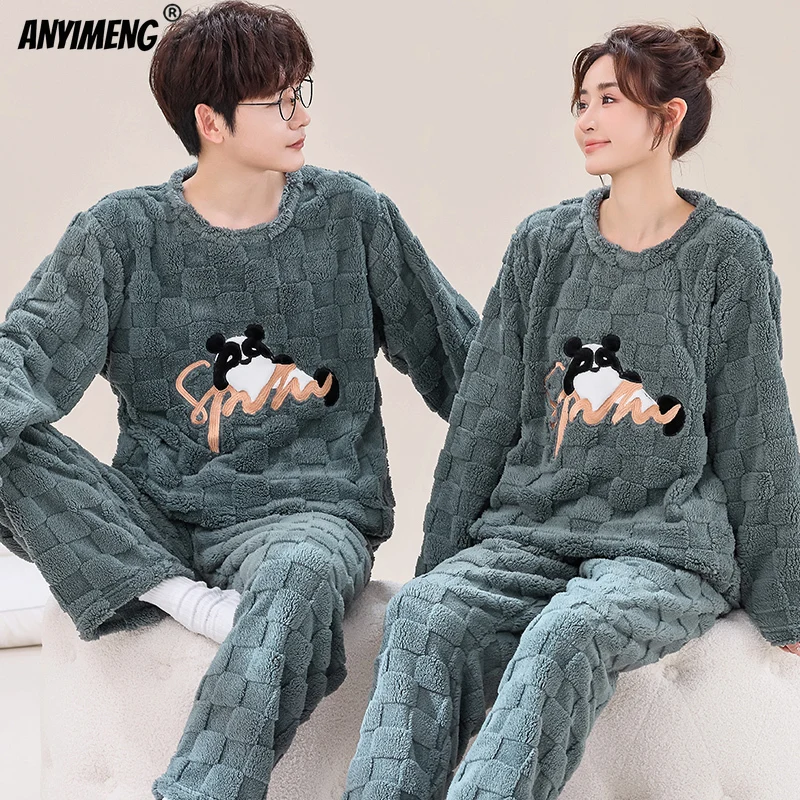 Winter Couple Flannel Pajamas Set Long Sleeves Thick Bear Print Sleepwear Man and Woman Kawaii O-neck Velvet Pjs for Lovers