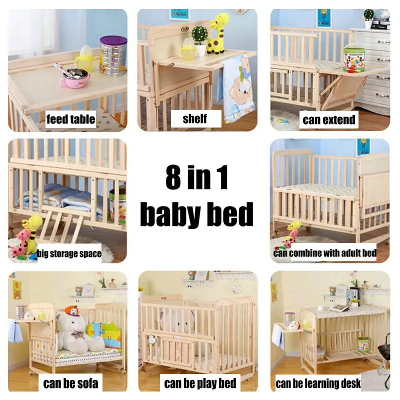 8 in1 Wood Baby Bed With Shelf, Extended Baby Crib, 3 Grade Height Adjust Cot, Can Combine With Adult Bed Pine Baby Bed