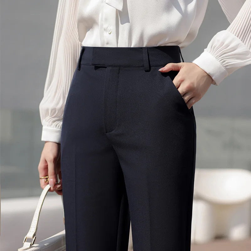 High Waist Suit Pants Spring and Autumn Women's Clothing 2023 New Dark Blue Business Straight-Leg Cigarette Pants Ol Cropped Wor