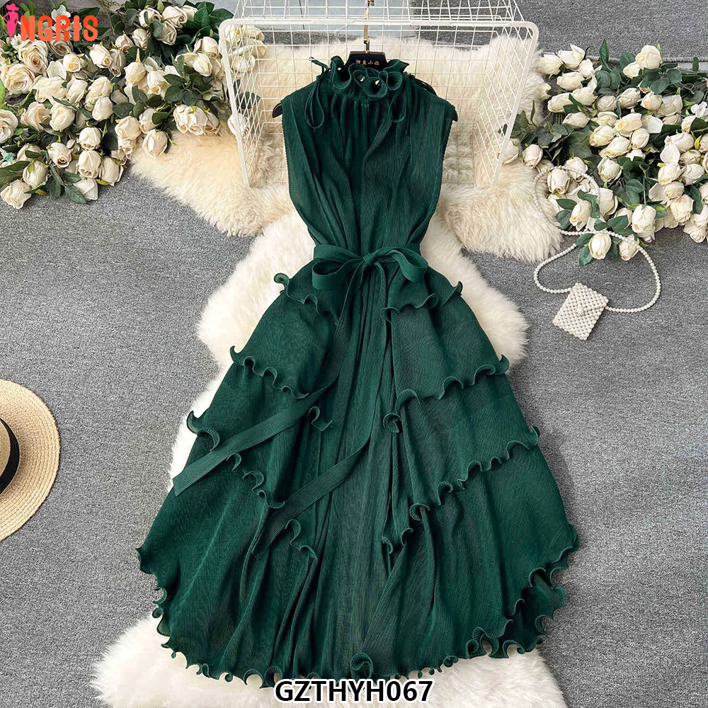 

African Ladies Long Casual Dress Pleated Ruffled Commuter Party Wear Floor-Length Natural Summer Plus Size Women-GZTHYH067