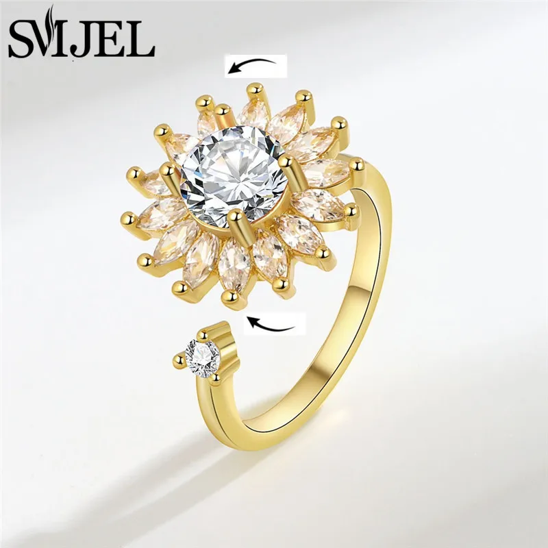 SMJEL Luxuriöse Kristall-Angstlöse-Drehringe für Frauen, niedlicher Sakura-Gänseblümchen-Rosen-Blumen-Drehring, Anti-Stress-Geschenk