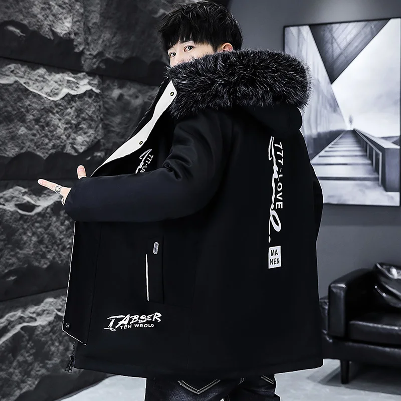 Fashion Men's Mid-Length Fleece Hooded Jacket 2025 Autumn Winter Casual Warm Plush Coats Outwear Thick Padded Windbreak Clothing