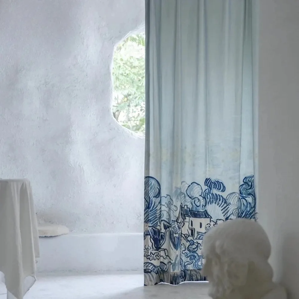 Nordic Simple French Velvet Printed Sheer Curtains for Living Room Bedroom New Van Gogh's River Design Tulle Window Drapes