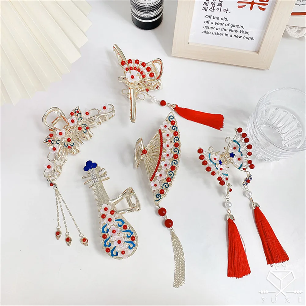 

Chinese Style Red Grab Clip Fan Pipa Butterfly Hair Claws Women Back Of The Head Hairpin Headdress Fashion Hair Accessories 2023