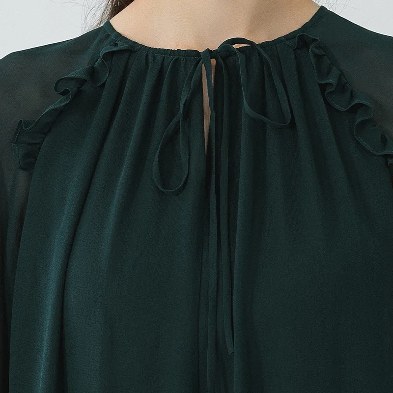 Voa malaquita verde dupla camada georgette amoreira gravata meia gola aberta lanterna manga longa solto vestido de seda casual ae1670
