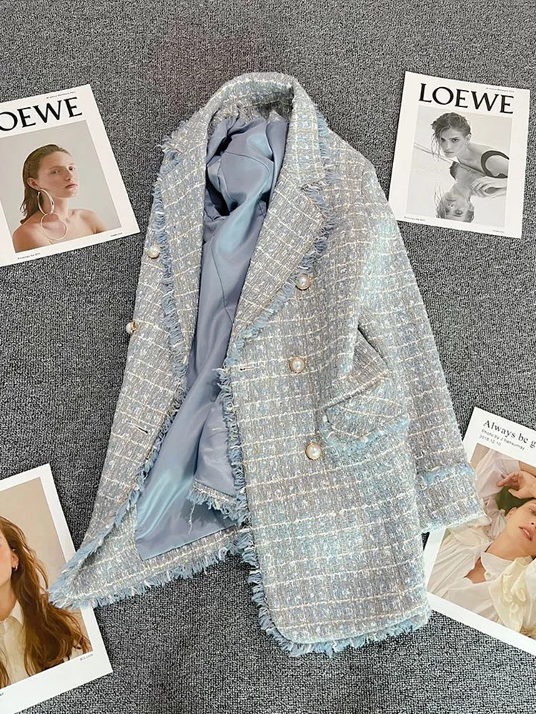 High-quality Temperament Tweed Women Jacket 2023 Autumn Long Sleeves Double Breasted Blazer Female Fashion Elegant Suit Coat