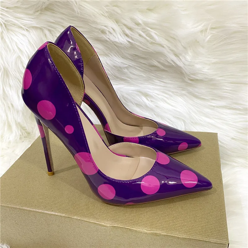 Veowalk Polka Dot Women Purple D\'Orsay Side Cut Pointed Toe Stiletto Pumps Comfortable Elegant 8cm 10cm 12cm High Heel Shoes