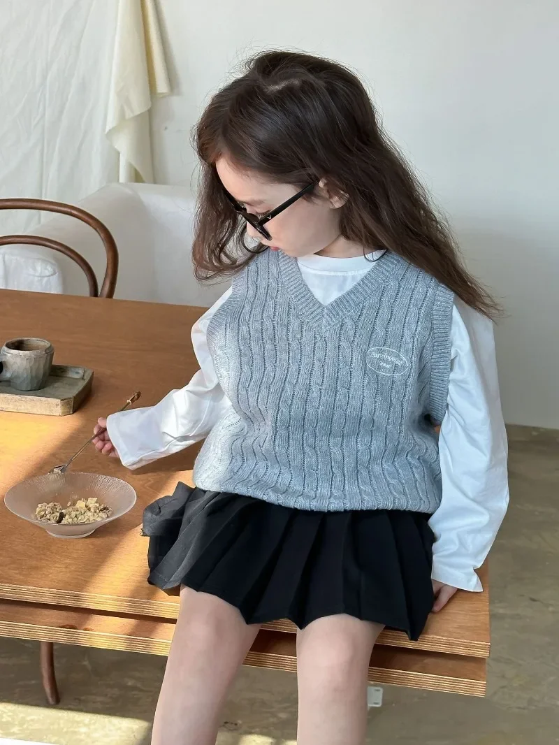 2024 New Girls Spring Autumn One Piece Vest Top Sweater Knit Sweet Lovely All-match Outdoor Loose Soft