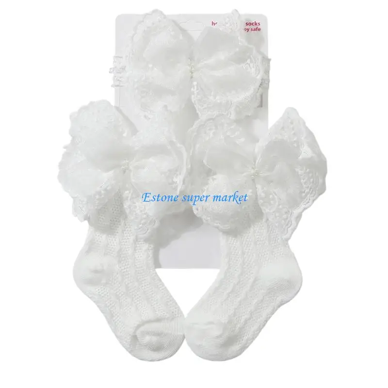 090B Hair Band and Sock Set, Cotton Lace Accent Pair With Textured Socks for Outfit Wear Baby Accessory for 0-1 Years
