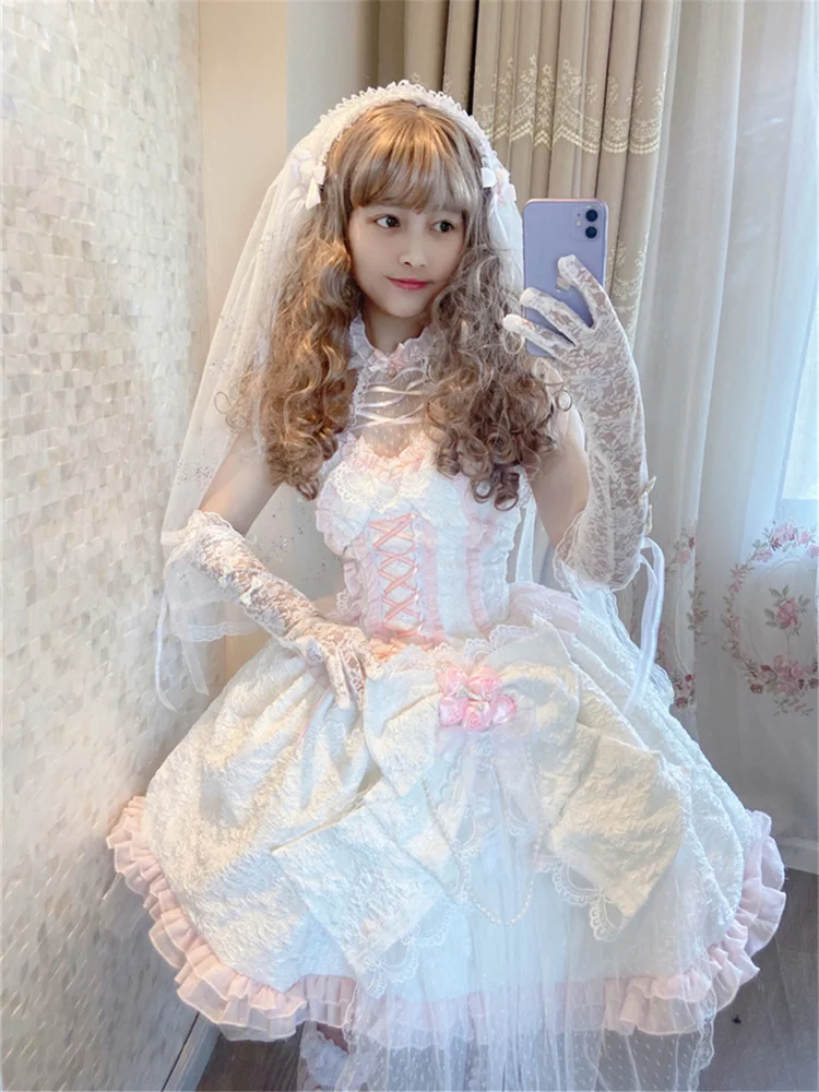 Rosa Weiß Gothic Mädchen Hochzeit Braut Wunderschöne Lolita Kleid Elegante Frau Spitze Bowknot Druck Prinzessin Cosplay Lolita Jsk