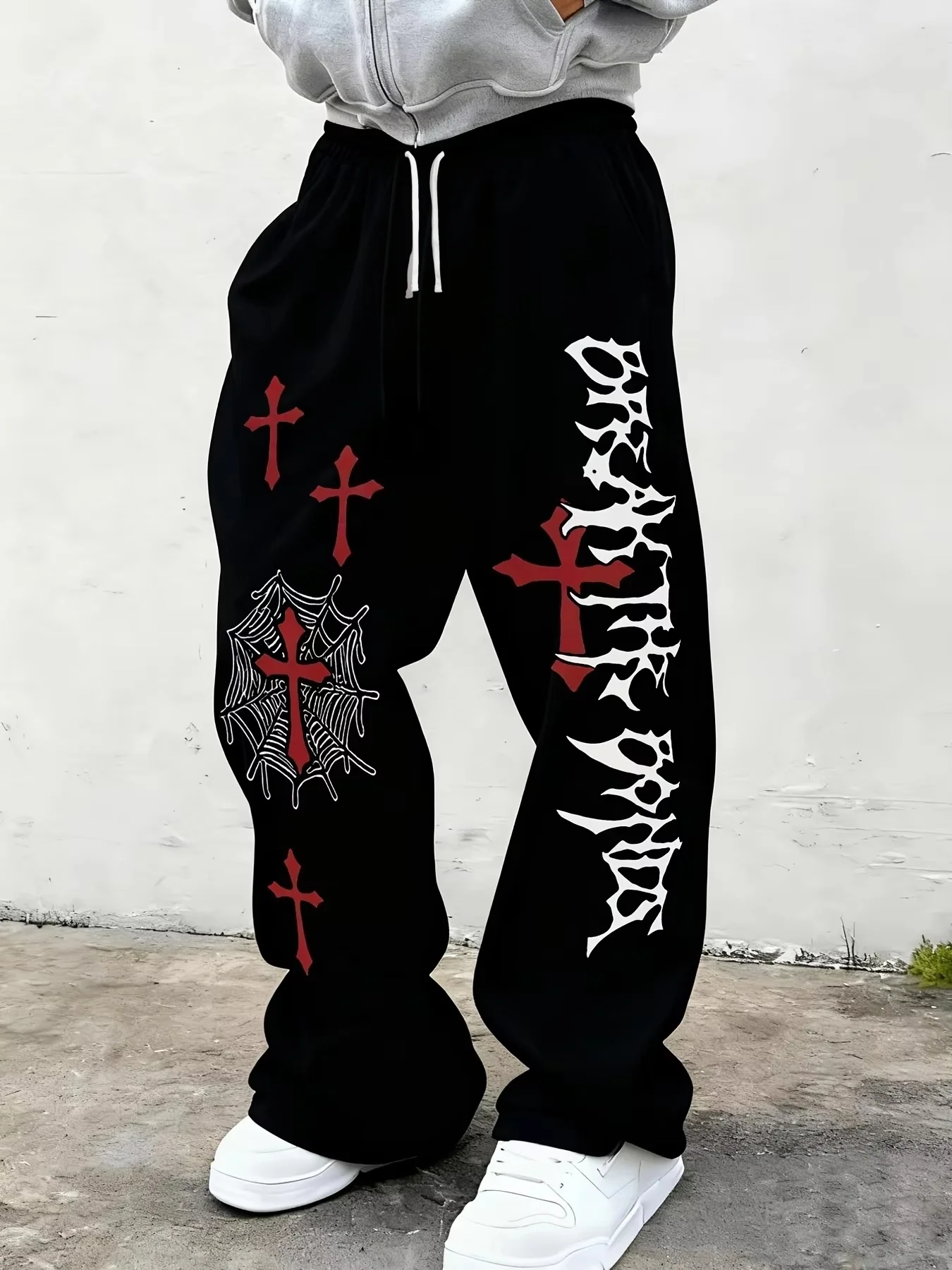 2026 Sommer Gothic Vertikale Grafik Weite Jogginghose mit Kordelzug Lose Gerade Baggy Y2K Dark Punk Streetwear Hosen für Männer und Frauen – Detail 7