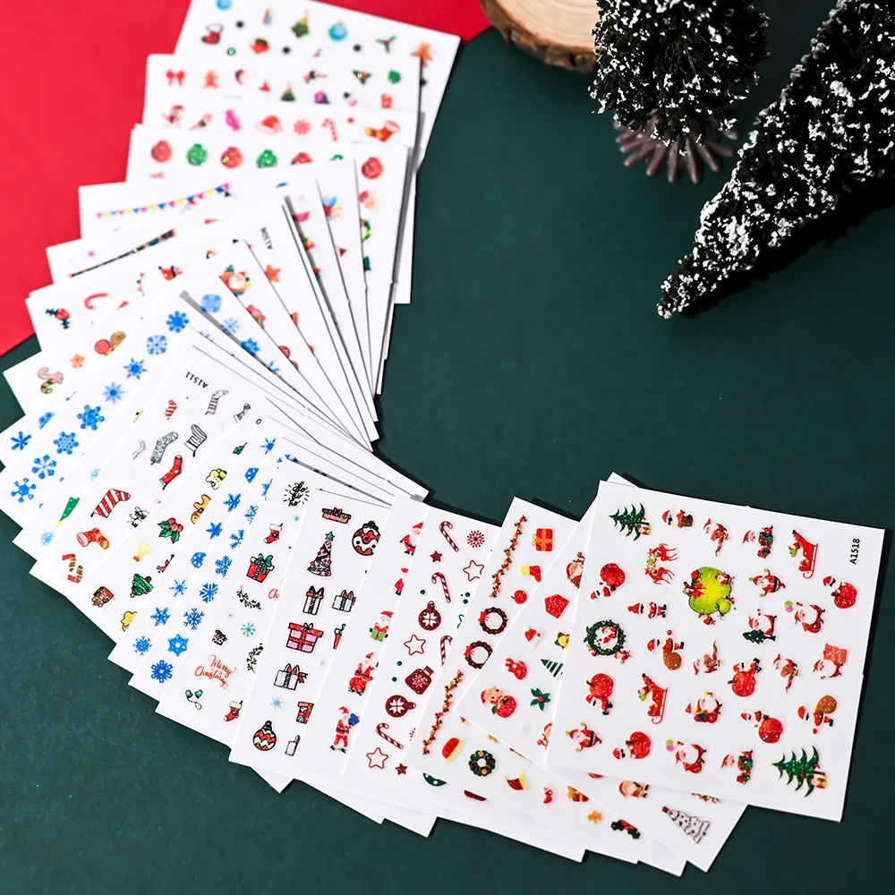 24 Stück 3D-Weihnachts-Nagelkunst-Aufkleber mit glitzerndem Weihnachtsmann, Rentier und Schneemann, 3D-Cartoon-Aufkleber, selbstklebende festliche Maniküre