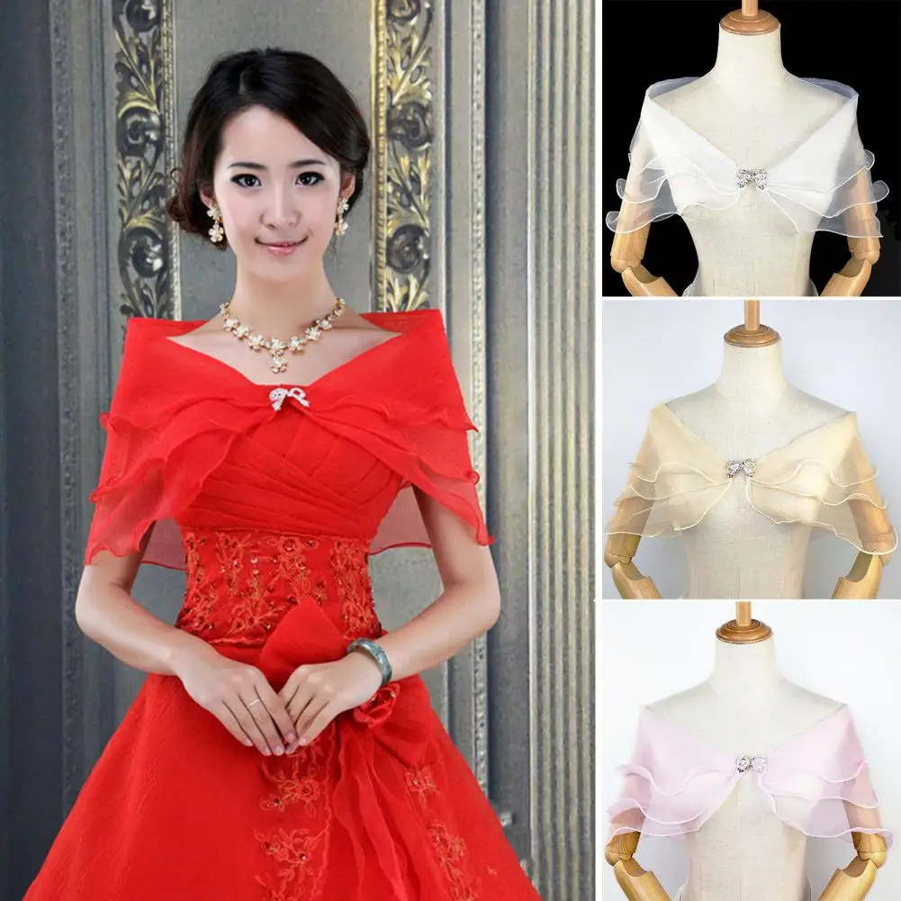 Rhinestone Bow Buckle Shawl Women Elegant Shawl Elegant Bridal Shawl Sheer Mesh Rhinestone Embellished V Neckline for Wedding