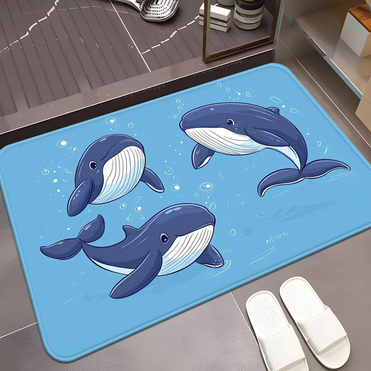 1pc Cartoon whale pattern floor mat, machine washable polyester, suitable for bedroom and living room decoration.