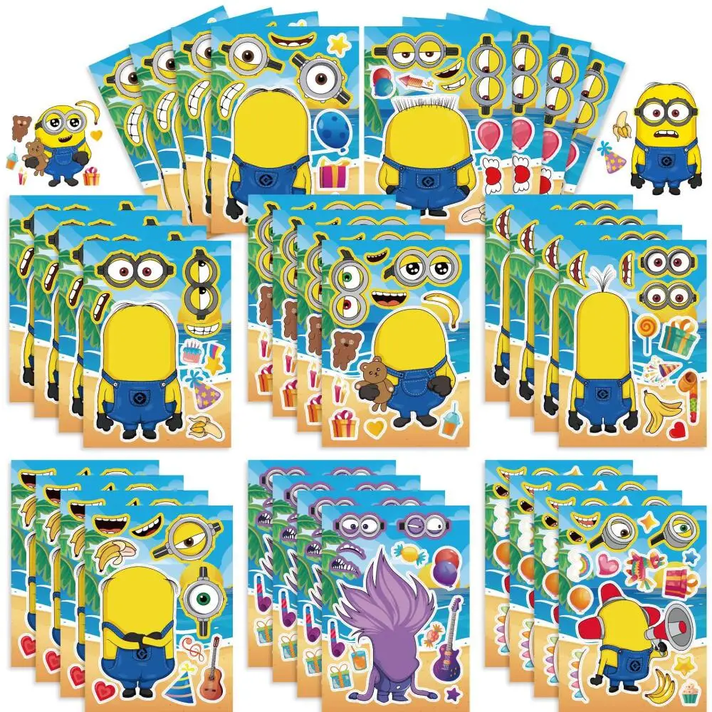 16pcs Minions Sticker Anime Cute Cartoon Despicable Me DIY Stickers Parent-child Interactive Puzzle Jigsaw DIY Face Stickers