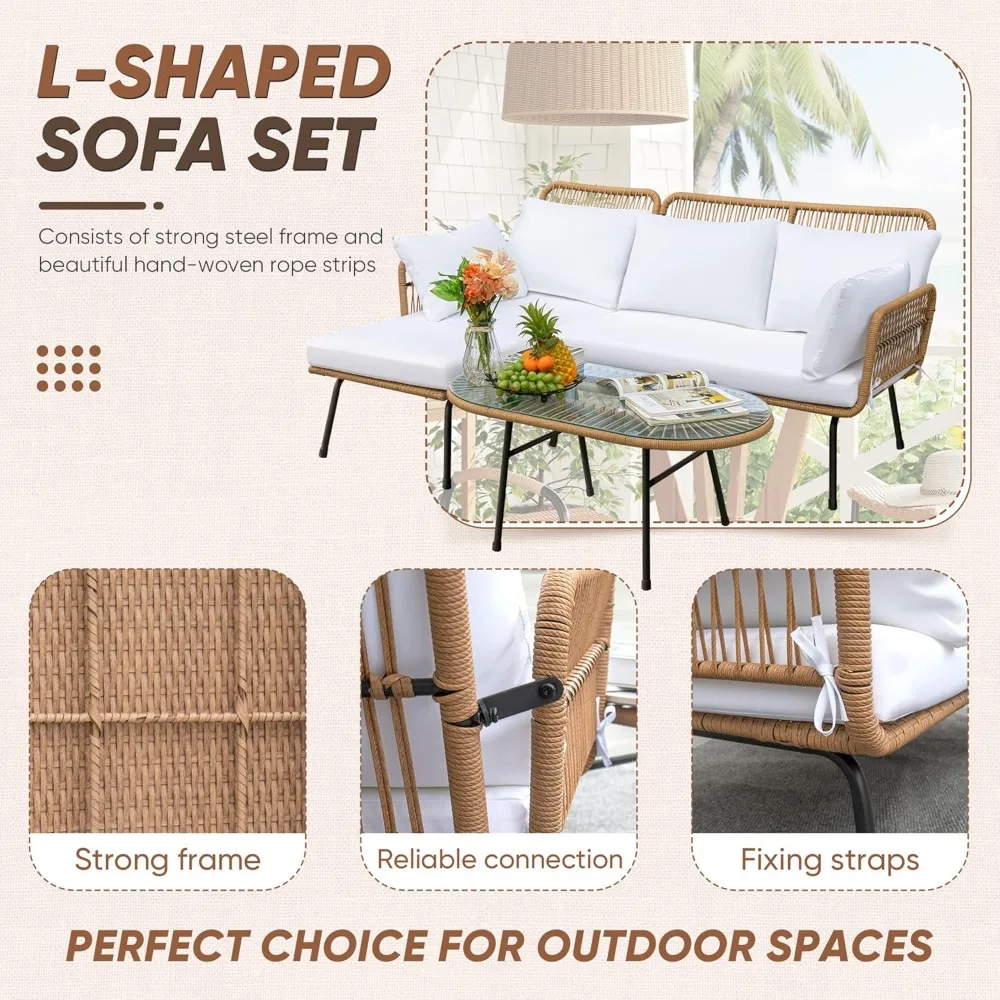 L-Shaped Outdoor Sectional Sofa Set with Cushions and Patio Table, Rope Woven for Conversation Area
