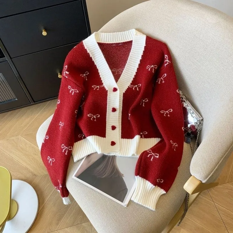Casual Sweet Bow Cardigan Woman Autumn Winter Korean Classic Preppy Style Knitted Coats Y2K Vintage Contrast Color V-Neck Tops