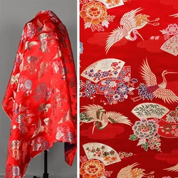 Good Red Chinese Style Brocade Fabric Crane Dance Flower Fan Jacquard Weaving Silk Fabric Sewing Diy Ancient Costume/Clothing