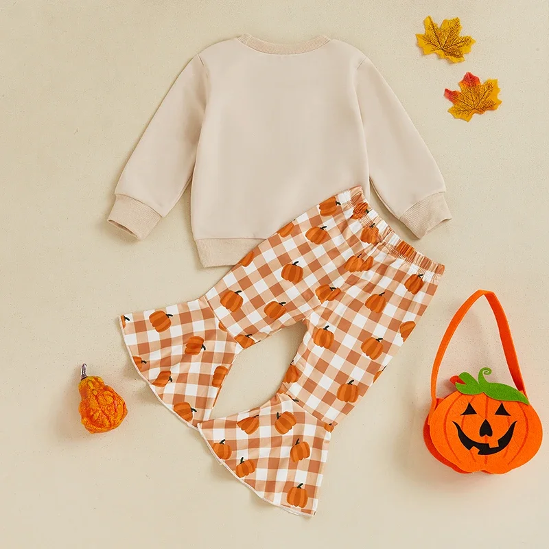 Toddler Infant Baby Girls Halloween Set Letter Embroidered Long Sleeve Sweatshirt Plaid Pumpkin Flare Pants Outfits