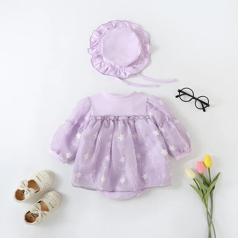 MILANCEL New Autumn Baby Girls Bodysuit with Hat 0-24M Infant Big Bow Long Sleeve One Piece Floral Mesh Dress Toddler Clothes