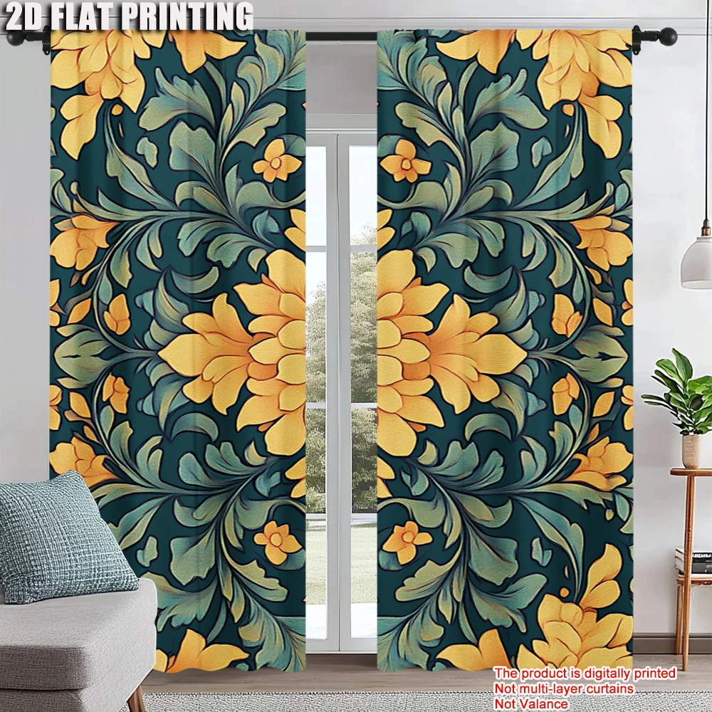 

2Pcs Art Flowers Digital Printed Window Curtains Polyester Material Suitable For Living Room Kitchen Bedroom Study Dining Room