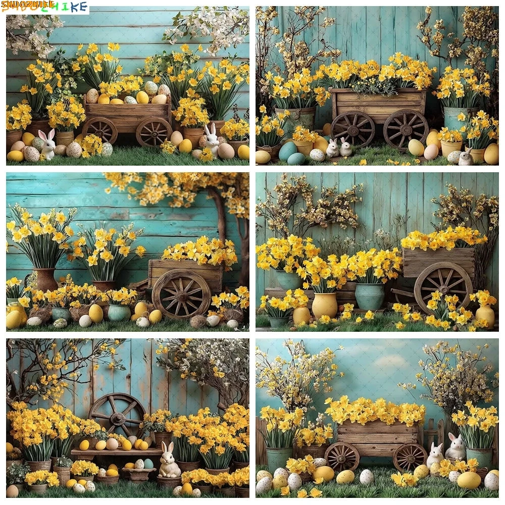 

Eggs Window Door Spring Garden Happy Easter Day Photography Backdrops Props Rabbits Butterfly Flower Photo Background DG-01