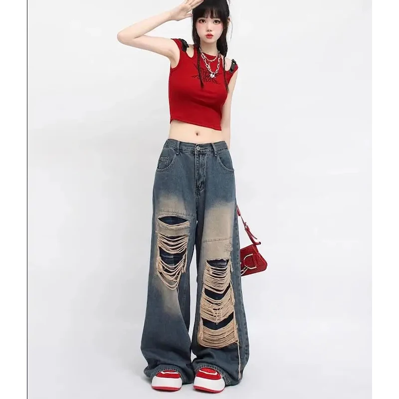 

New American Retro Jeans Loose Wide-leg Jeans Women Blue Hole Look Thin Trendy All-match Wide Leg Straight Mopping Pants Women