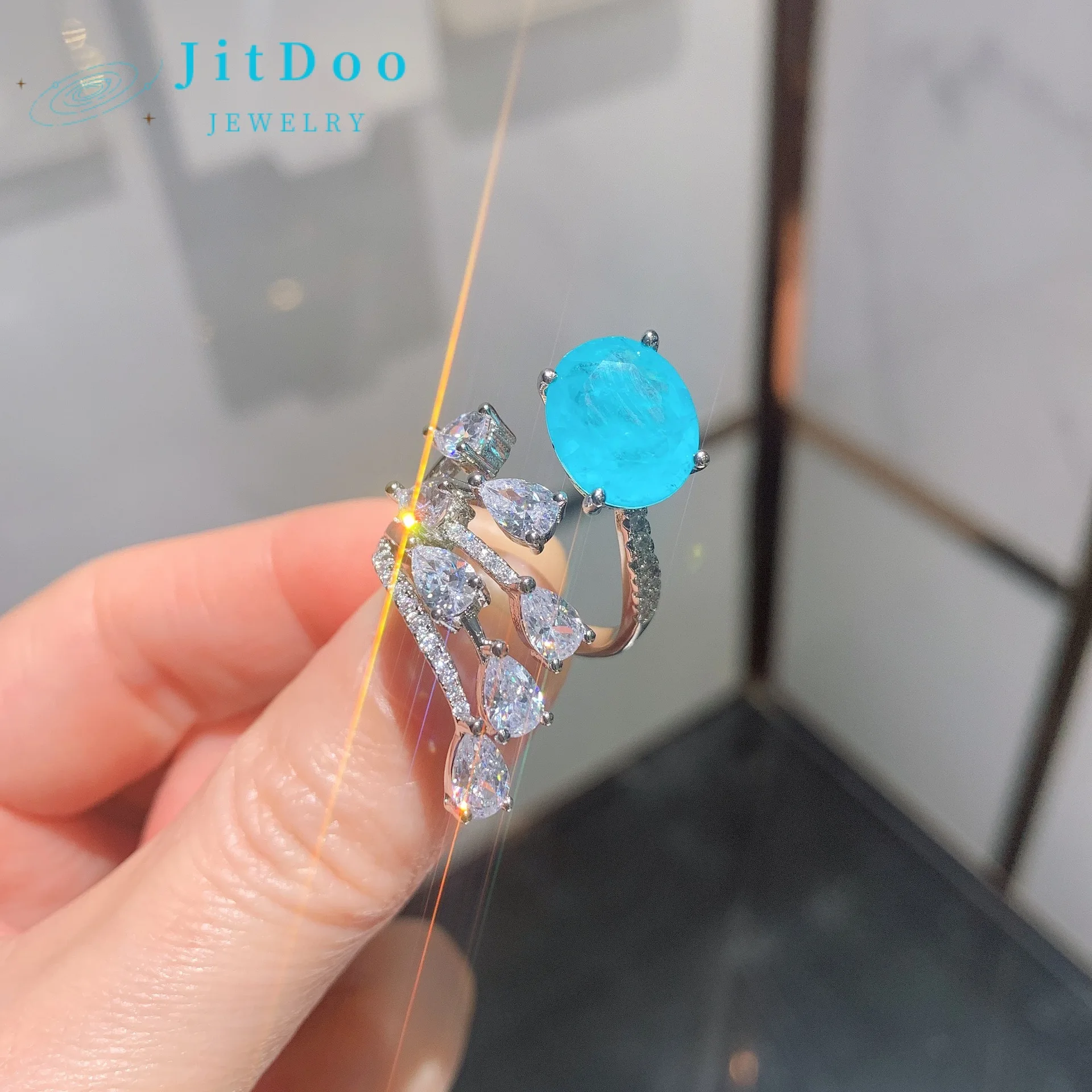 JitDoo 2023 Paraiba Cubic Zirconia Wedding Rings for Women Romantic Bridal Marriage Ceremony Party 925 Silver Ring Fine Jewelry