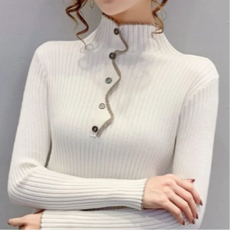 2023 AutumnWinter Korean Style Popular Turtleneck Buttons Up Women Clothes Casual Slim Simplicity Simple Long Sleeved Pullover