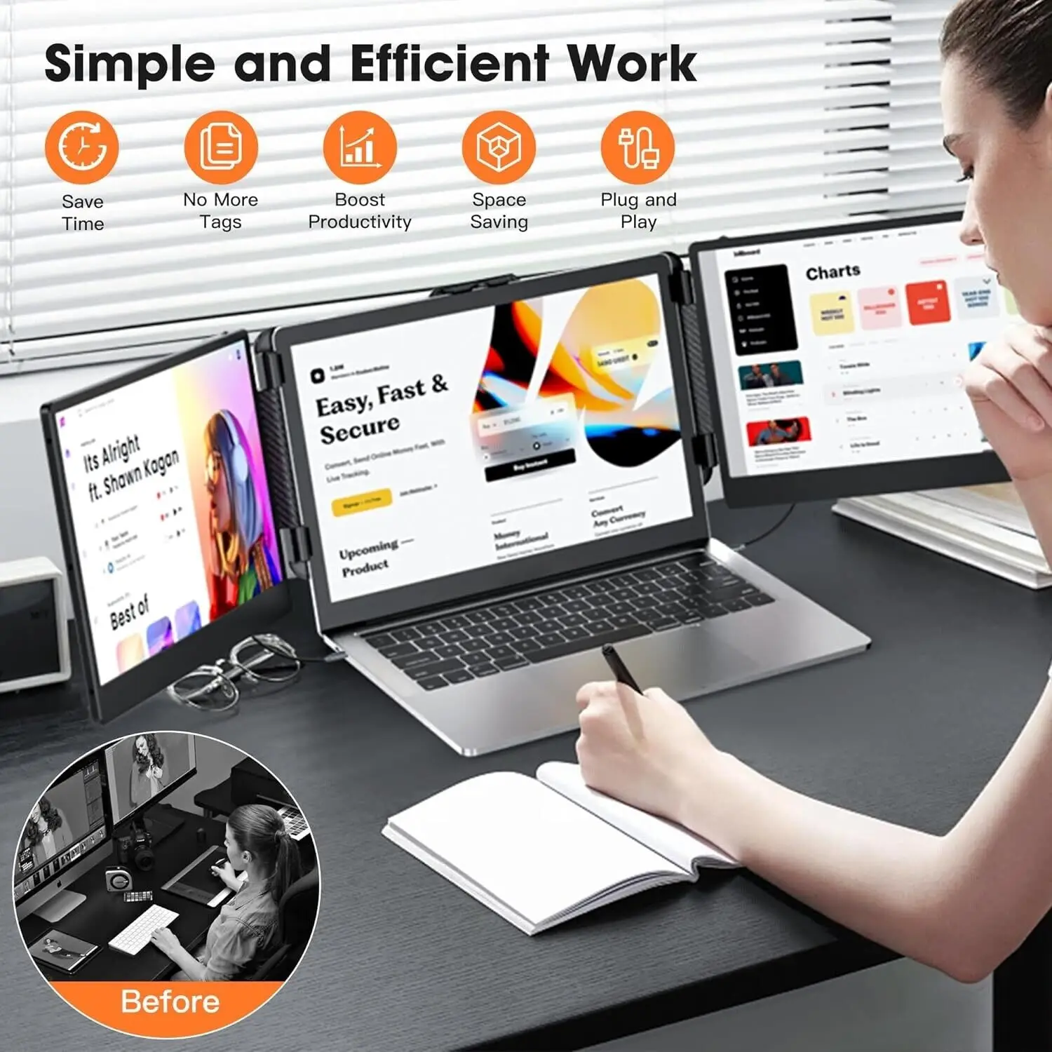 S2 المكونات والتشغيل شاشة الكمبيوتر المحمول المحمولة موسع شاشة ثلاثية 14 بوصة IPS لوحة 1080P HD متوافق مع أجهزة الكمبيوتر المحمولة 13-17.3 بوصة #5