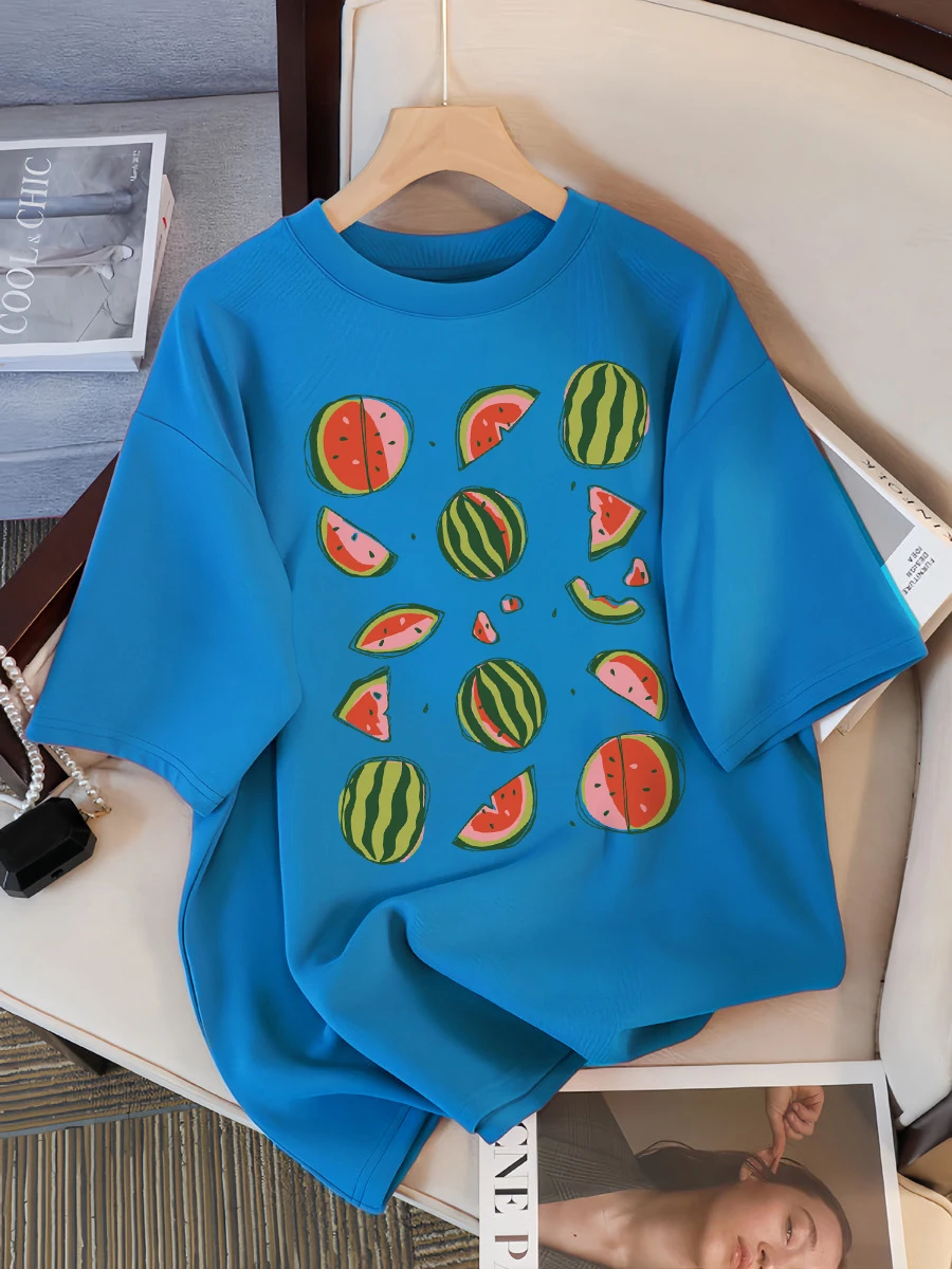 Köstliche Wassermelone geschnitten offen drucken T-Shirt Frauen Baumwolle Straße T-Shirts O-Ausschnitt übergroße Kleidung lässig Sommer Kurzarm