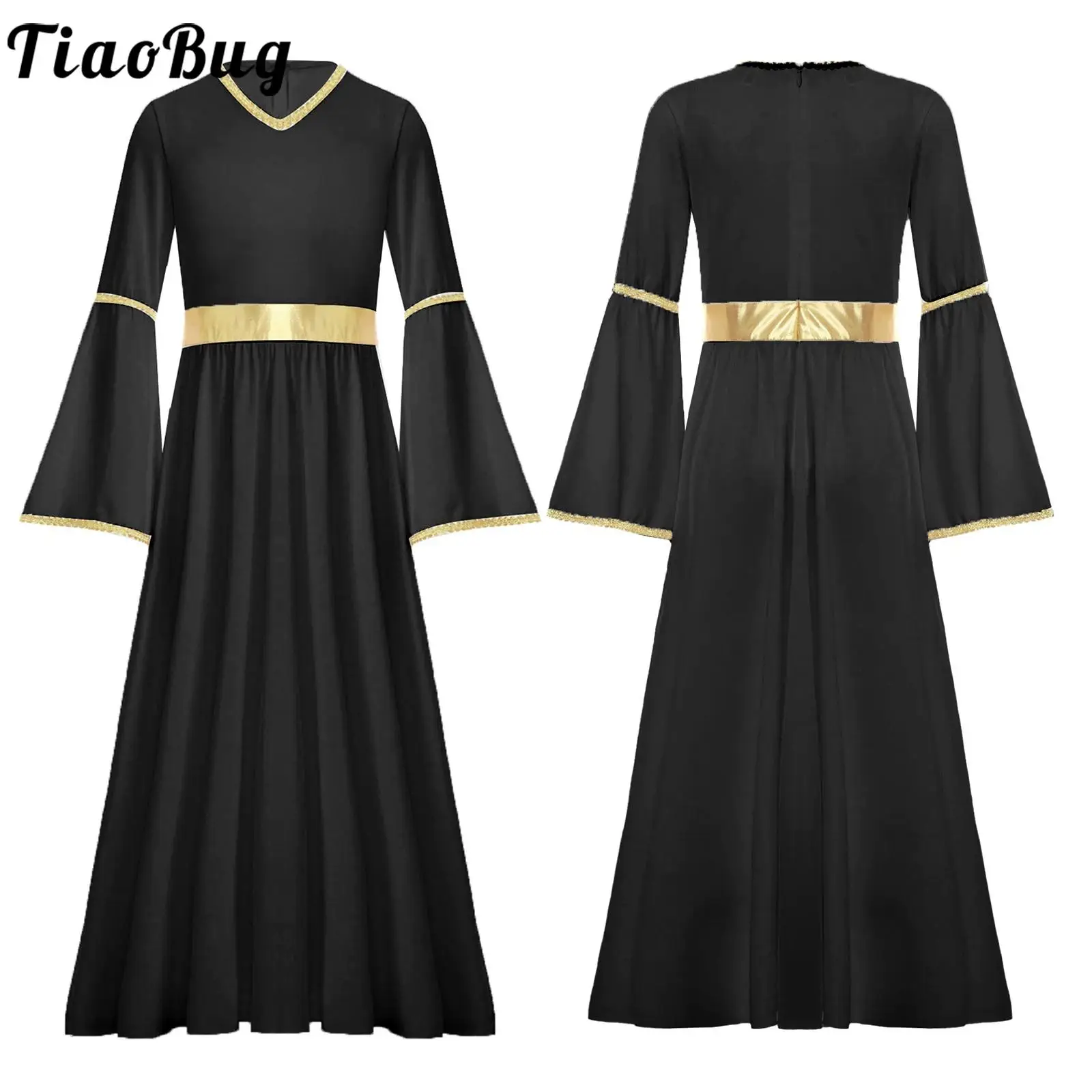 

Teens Girls Angel Cosplay Costume Dress Long Sleeve Gold Trim Ballroom Worship Ball Gown Dancing Cosplay Party Stage Performance