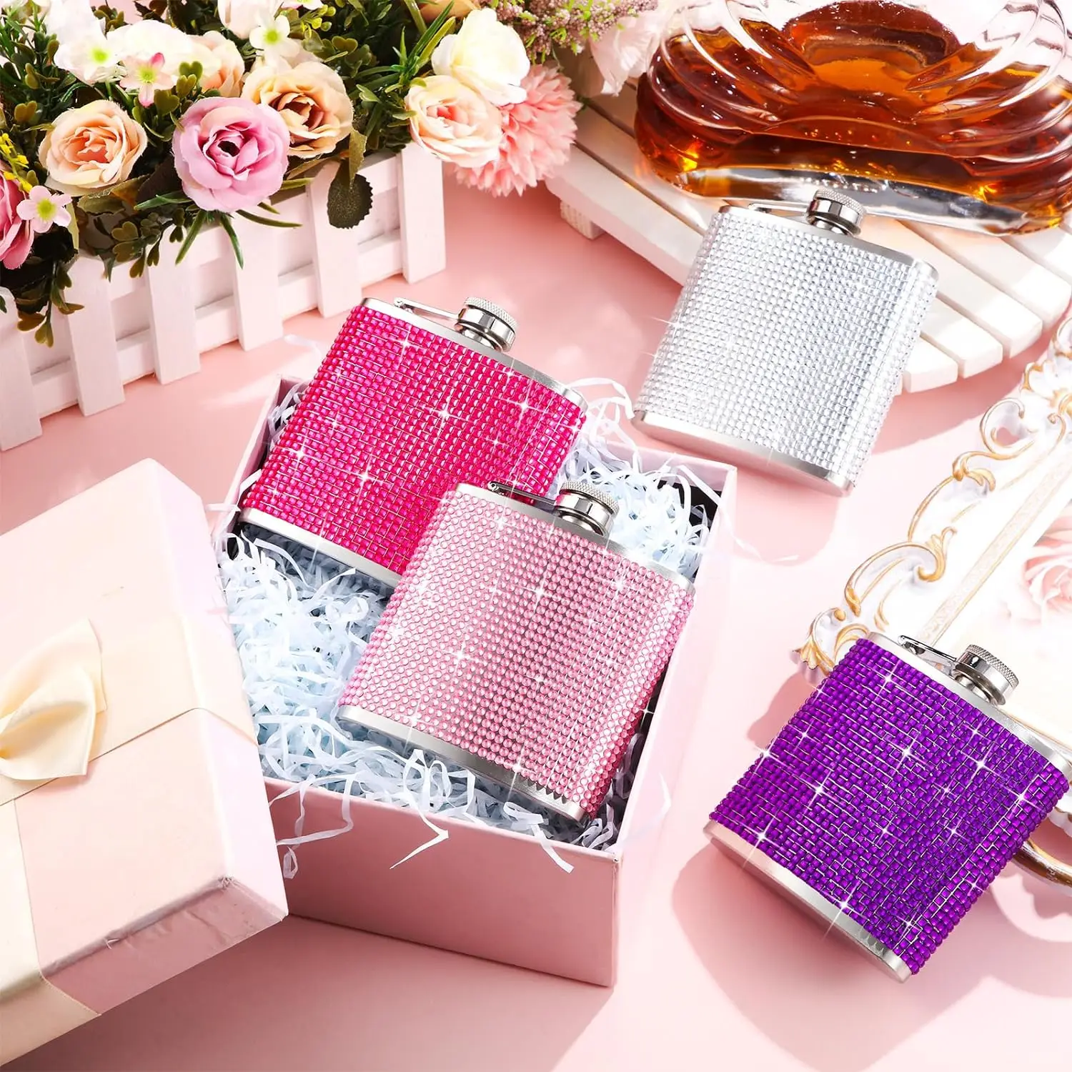 Diamond Flasks for Liquor for Women 6oz Glitter Hip Flask  Rhinestones Stainless Steel with Funnel Set for Vodka Whiskey Alcohol