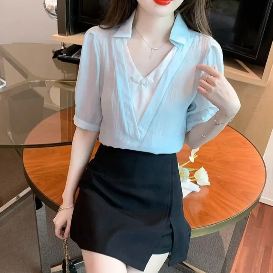 Woman Spring Summer Style Blouses Shirts Lady Casual Short Sleeve Turn-down Collar Green Blusas Tops G2721