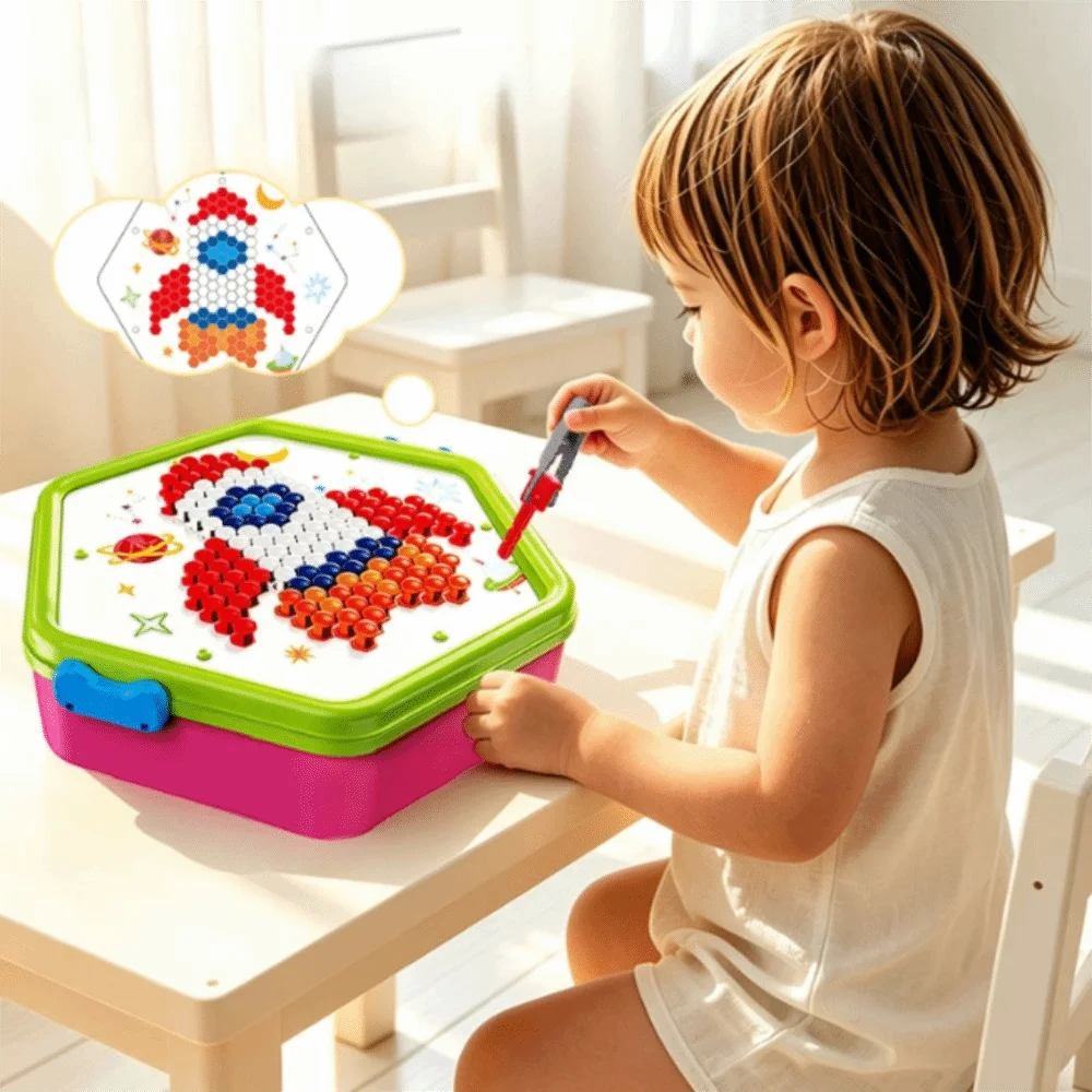 3dペグボードパズルセット。きのこ型のペグ、カラフルな模様、きのこ型の釘、手と目の協調性を養う、集中力トレーニングに。