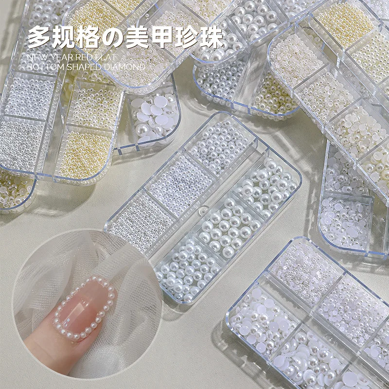 1 Box Mix Sizes Mini Semisphere Round Pearl Nail Art Charms Set Pure White Beige Caviar Rhinestones Decor Manicure DIY Materials