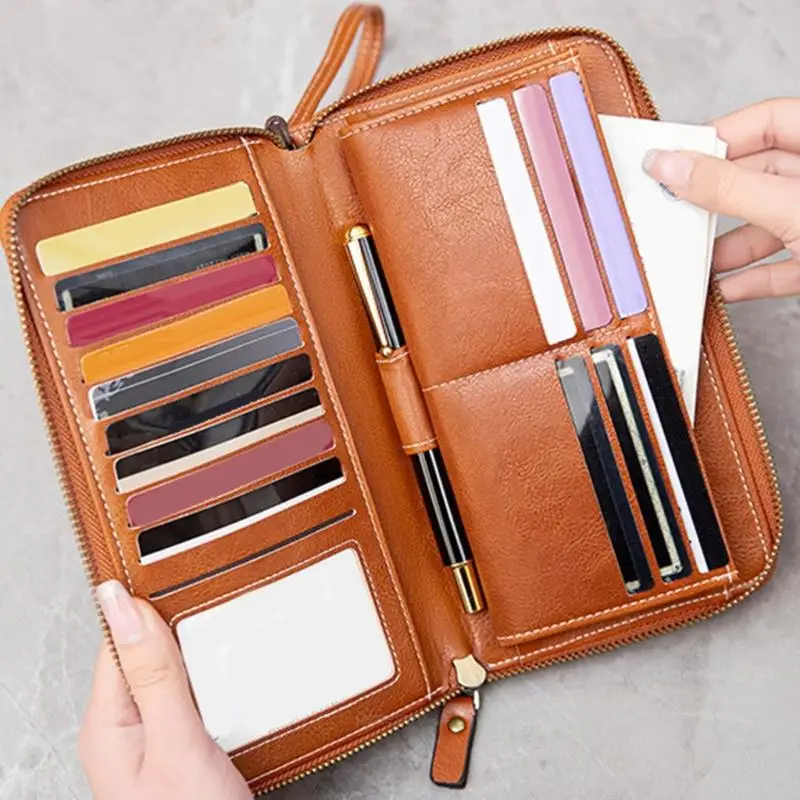 X5XA Portable PU Leather Card Holder Blocking Coin Bag Change Wallet Zippered Cash Purse for Business and Commuters