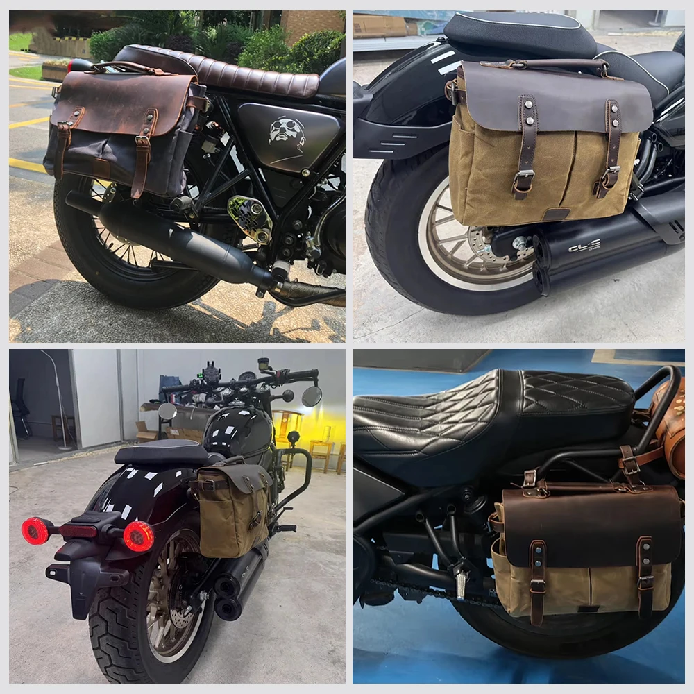 GR TRAIL Waterproof Wax Canvas Motorcycle Saddlebags Vintage Side Bag Tool Bag Universal For Cruiser Bobber Sportster Cafe Racer