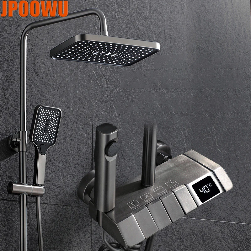 Hot Cold Shower Set Bathroom LED Digital Mixer Shower System Wall Mount Square Head SPA Rainfall Bath Tap Round Rod Rain Faucets