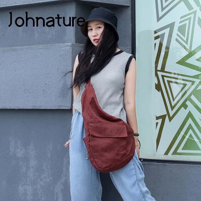 Johnature Linen Bag 2024 New Retro Solid Color Shoulder Bags Leisure Large Capacity Women Travel Bags Simple Messenger Bag