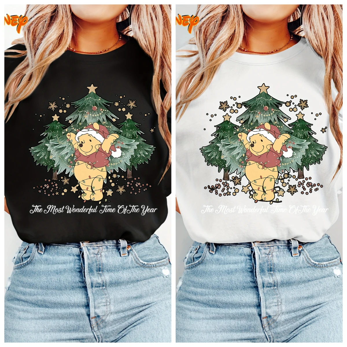 

Disney Christmas Version Winnie The Poole Women's Vintage Cotton T-Shirt Short Sleeve Round Neck Casual Trendy Women's Short