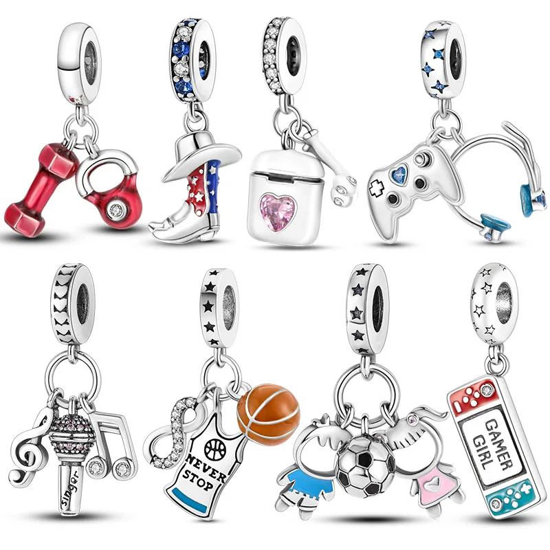 

Sport Love Dangle Charm fit Bracelet Necklace Silver Plated Skate Shoes Football Beads Pendant Original Jewelry