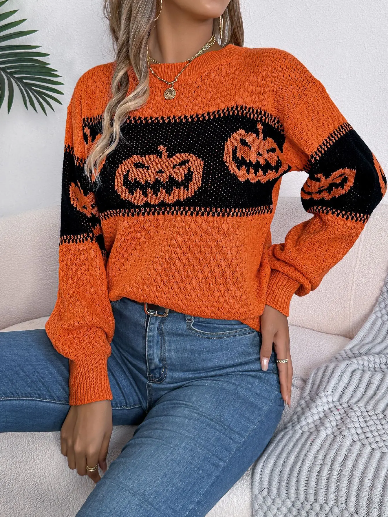 2025 Otoño Invierno suéter de mujer Tops suéteres con temática de Halloween cabeza de calabaza Color contrastante suéter de manga larga