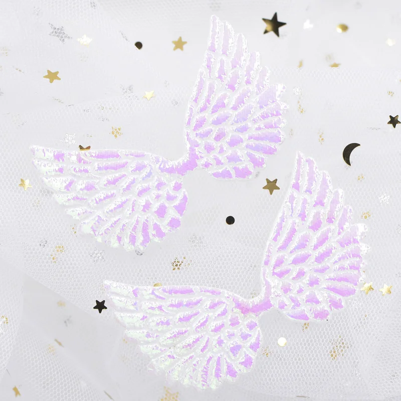 20Pcs 72*43mm Glitter AB White Angel Wing Appliques Double Sided Iridescent Cupid Wing Fairy Wing Patches for Clothes Decor