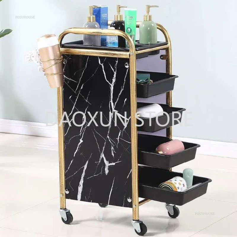 Retro Barber Shop Iron Salon Trolleys Nordic Beauty Salon Drawers Cart With Wheels Creative Hair Salon Perm And Dye Tool Cart