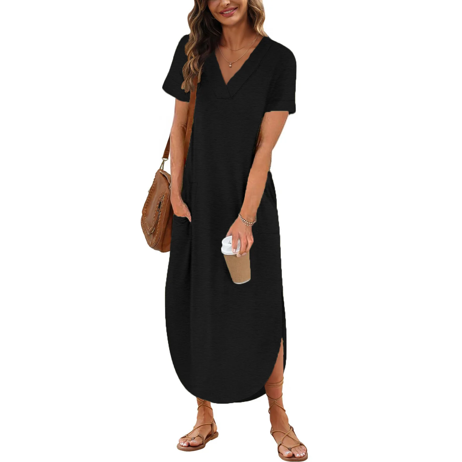 Summer New Women Elegant Solid Color Dress Short Sleeve V-Neck Cotton Linen Comfortable Loose Pocket Ladies Long Dress Vestidos