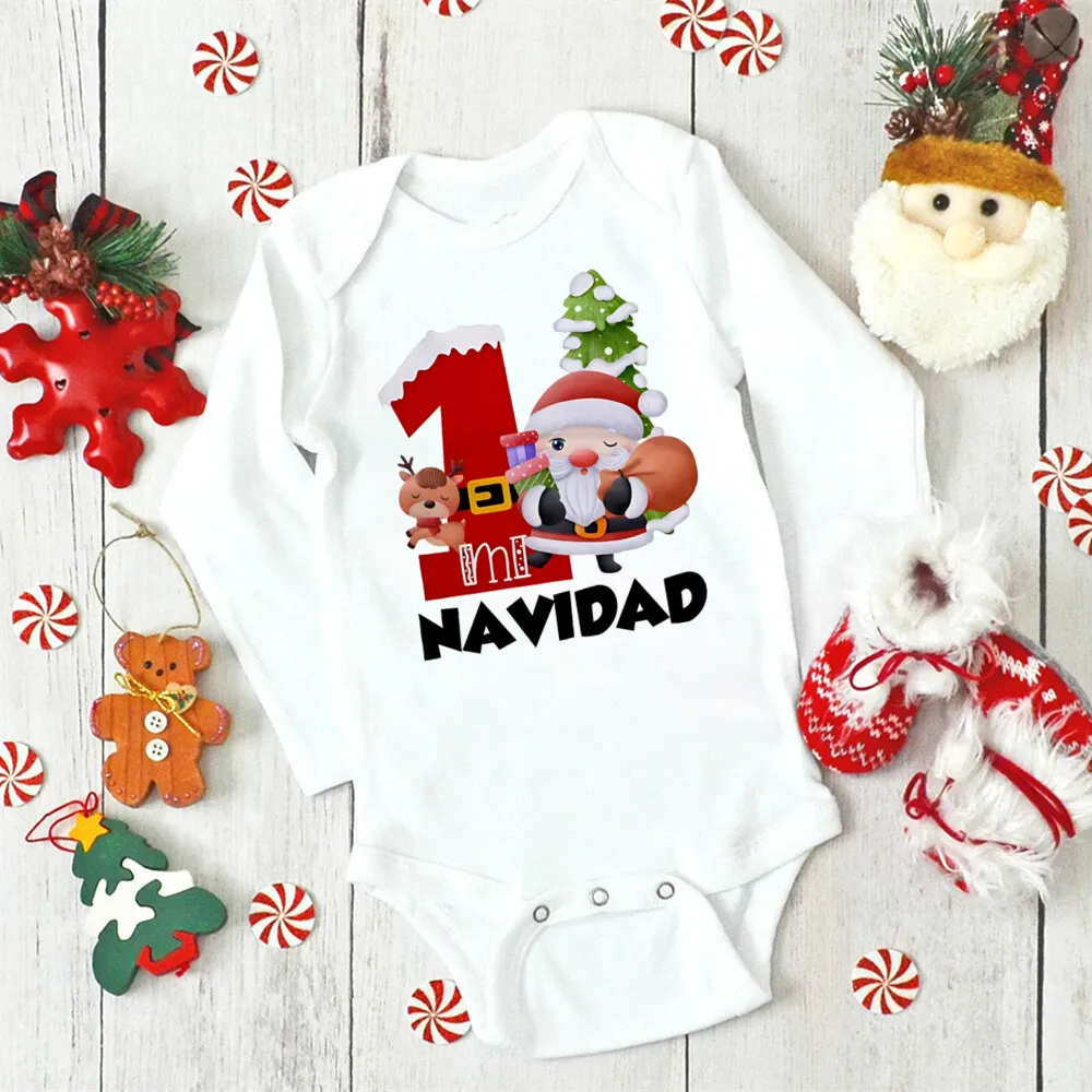 Mi 1ra Navidad Baby Bodysuit Infant 1st Christmas Rompers Party Outfit Newborn Jumpsuit Toddler Long Sleeve Xmas Clothes